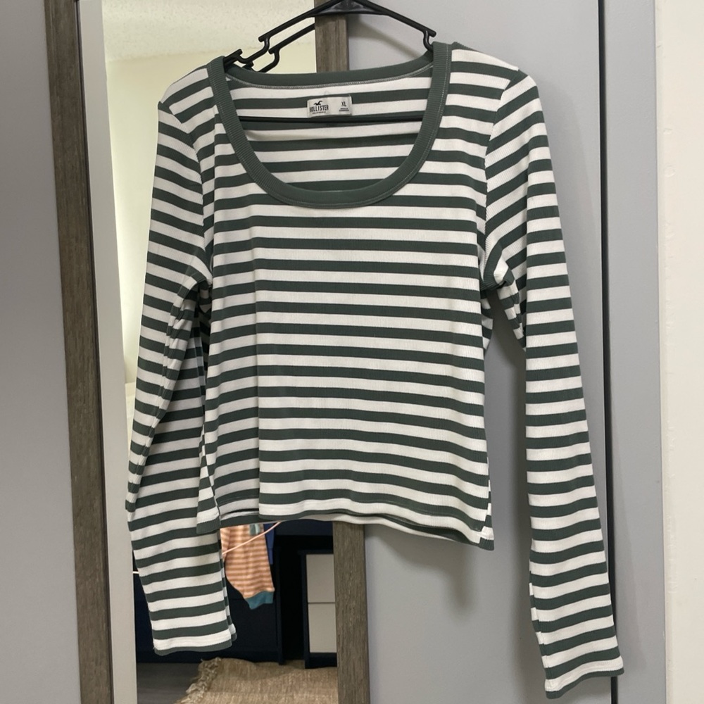 Striped Green and White Ribbed Long Sleeve Top